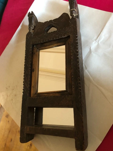 Miroir Rond Art Déco Ancien Circa 1930 - Cadre Bois Sculpté Ornements Soleil - France